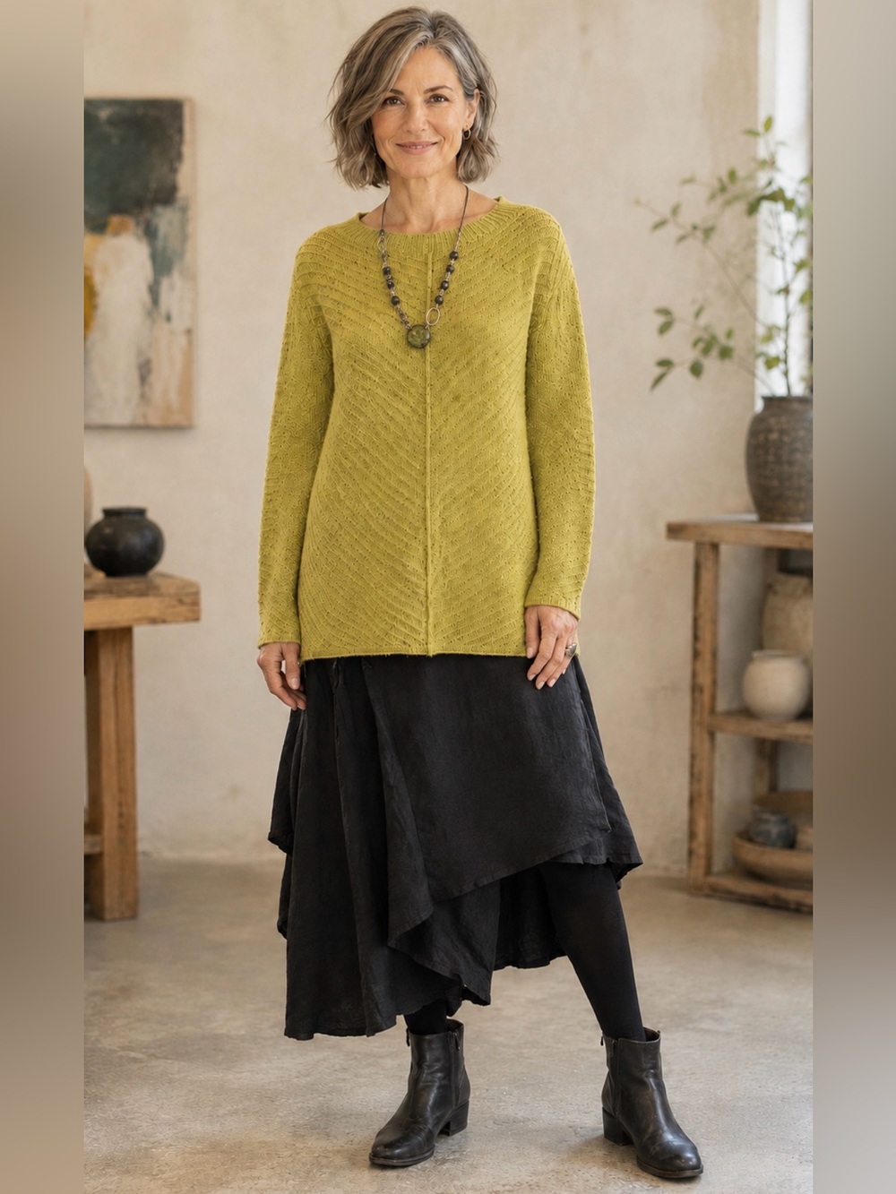 ANDREA JOVINE SWEATER Wool Blend Medium Green Woven Marled Lagenlook